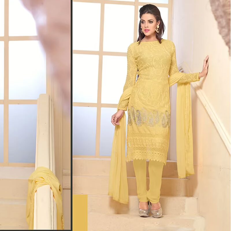 VandV Light Yellow Chiffon Embroidery Dress Material