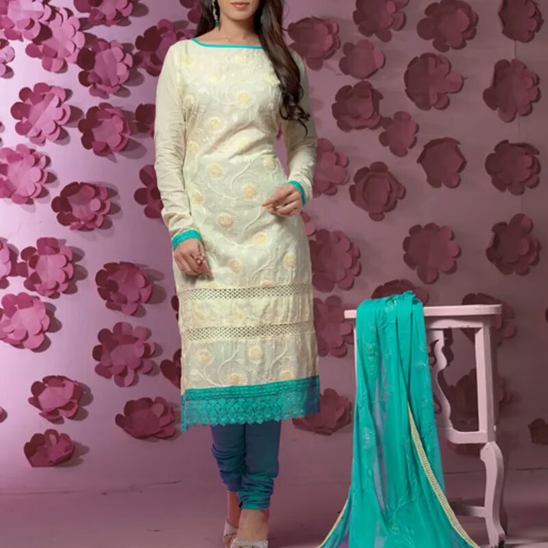 VandV White Designer Long Sleeve Dress Material