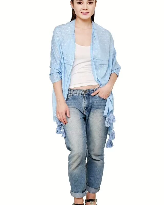 Sky Blue Silver Square Polka Viscose stole with Tassels for women