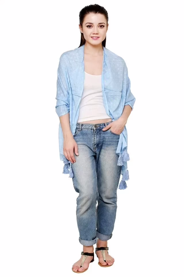 Sky Blue Silver Square Polka Viscose stole with Tassels for women