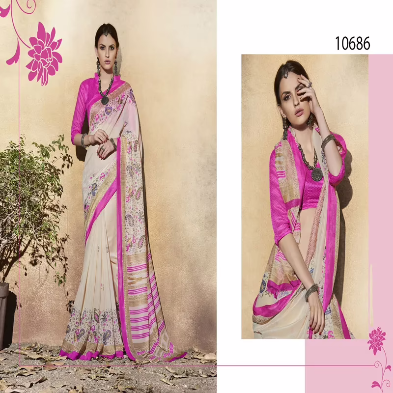 Viva N Diva Cream Colored Silk Printed Saree