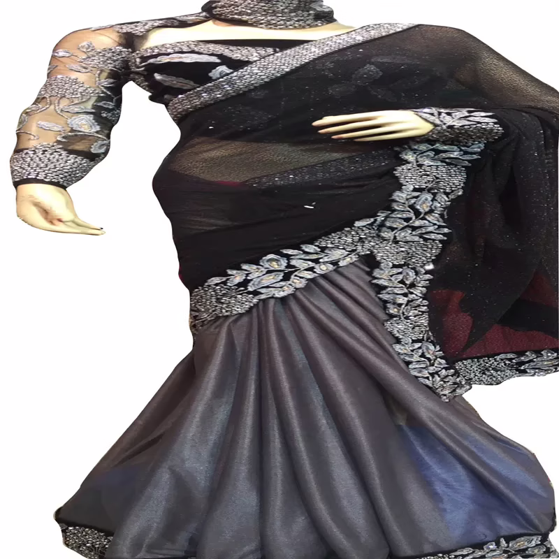 Viva N Diva Black And Grey Colored Georgette Saree