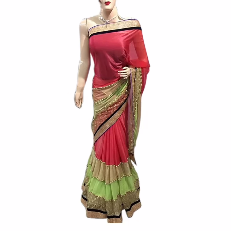 Viva N Diva Red And Green Colored Lycra Saree