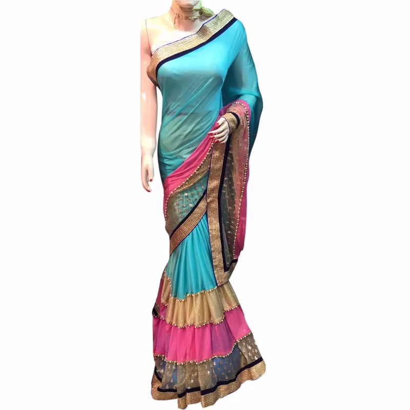 Viva N Diva Blue And Pink Colored Lycra Saree