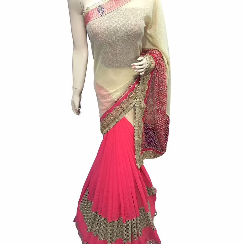 Viva N Diva Pink And Beige Colored Georgette With Lycra Saree