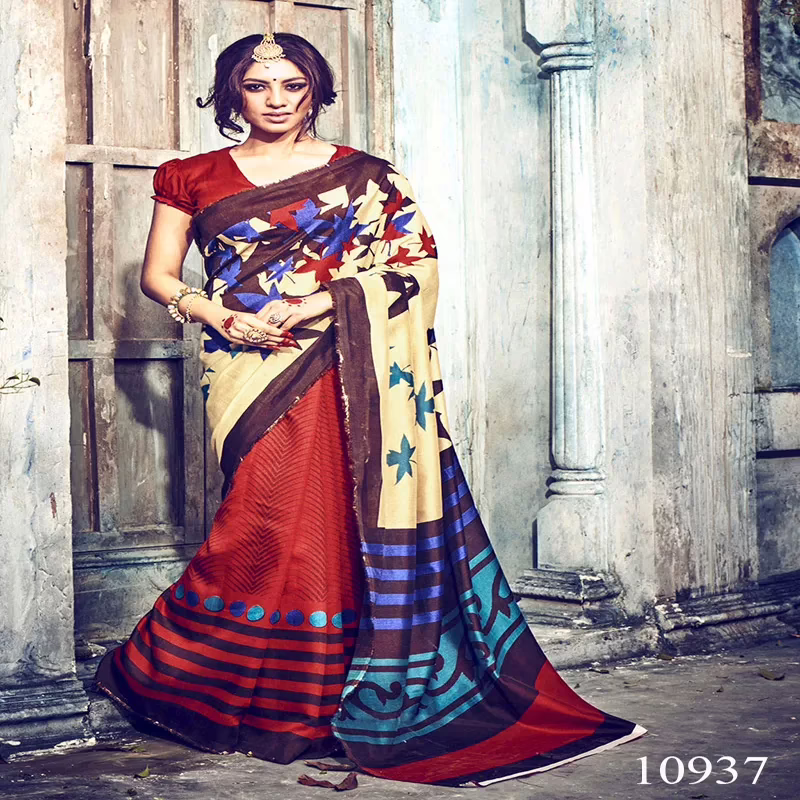 Viva N Diva Beige & Red Colored Bhagalpuri Silk Printed Saree