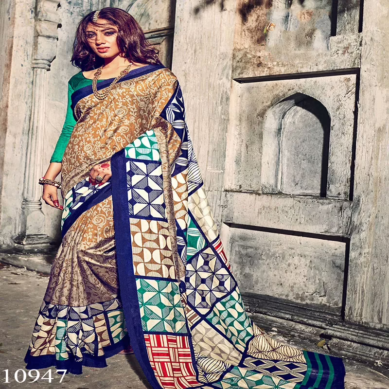 Viva N Diva Beige & Cream Colored Bhagalpuri Silk Printed Saree