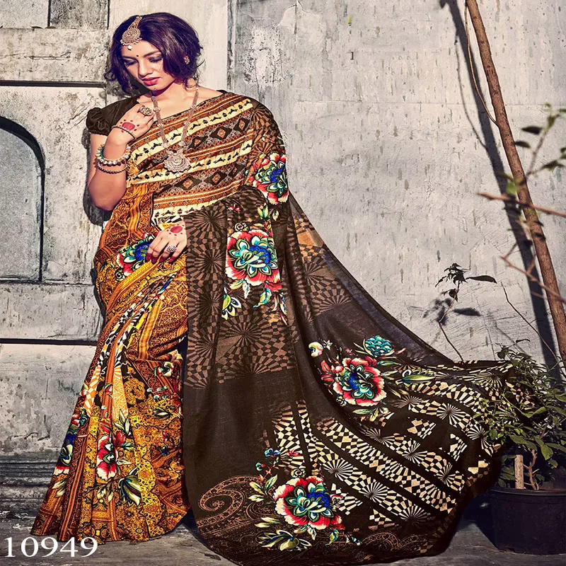 Viva N Diva Mustard & Brown Colored Bhagalpuri Silk Printed Saree