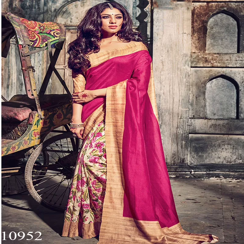 Viva N Diva Pink & Cream Colored Bhagalpuri Silk Printed Saree