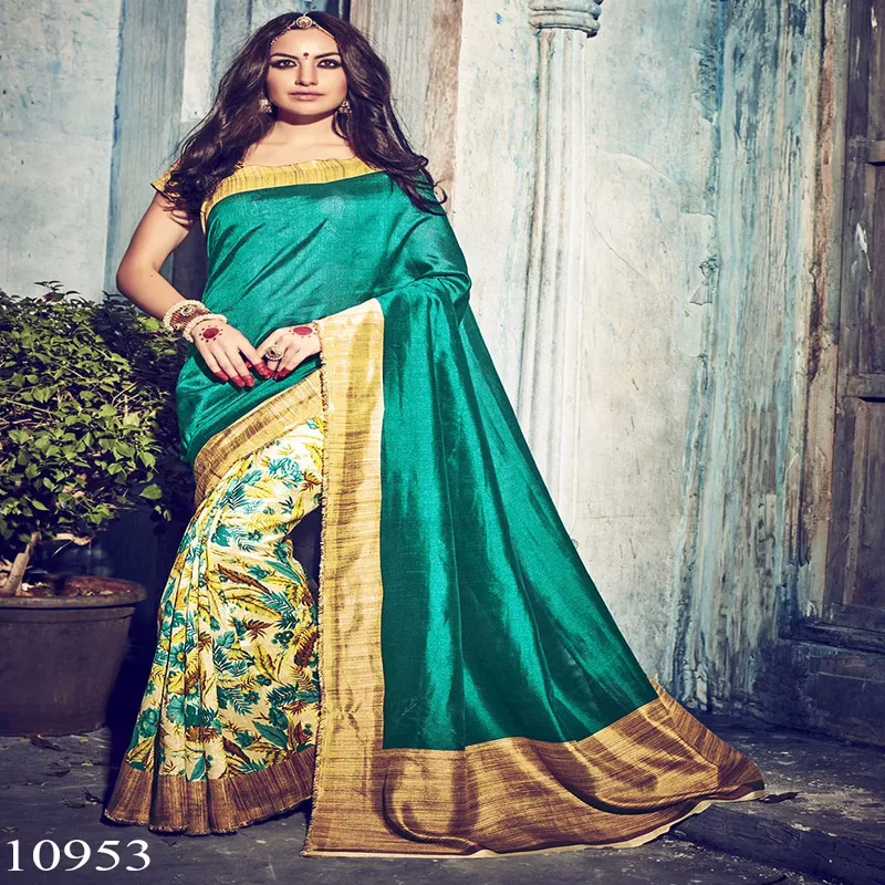 Viva N Diva Green & Cream Colored Bhagalpuri Silk Printed Saree