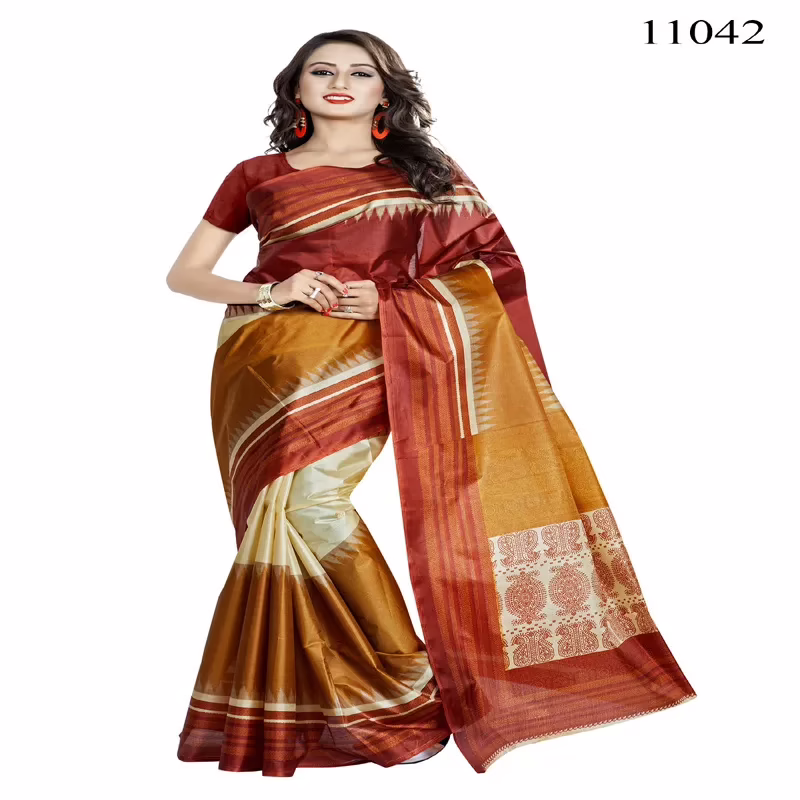 Viva N Diva Mustard, Red & Cream Colored Women'S Taffeta Printed Saree.