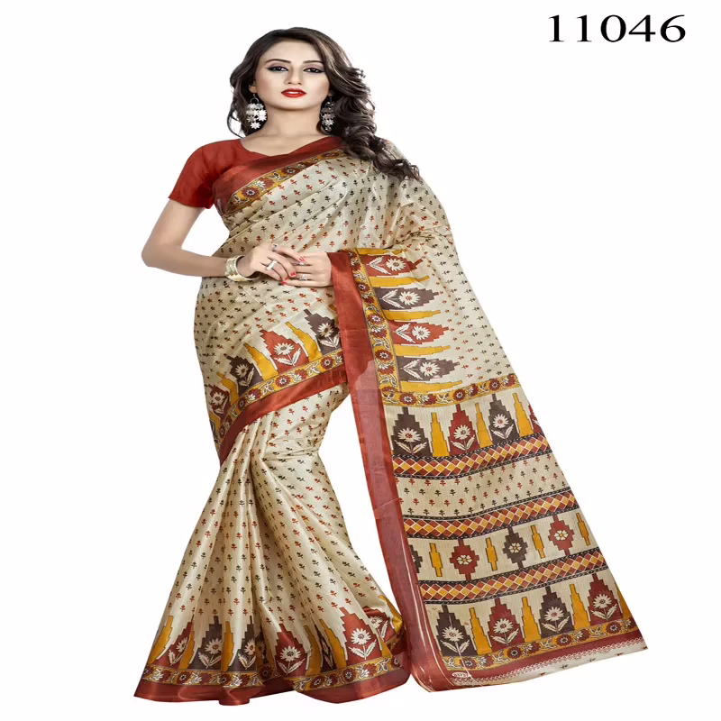 Viva N Diva Beige Colored Women'S Taffeta Printed Saree