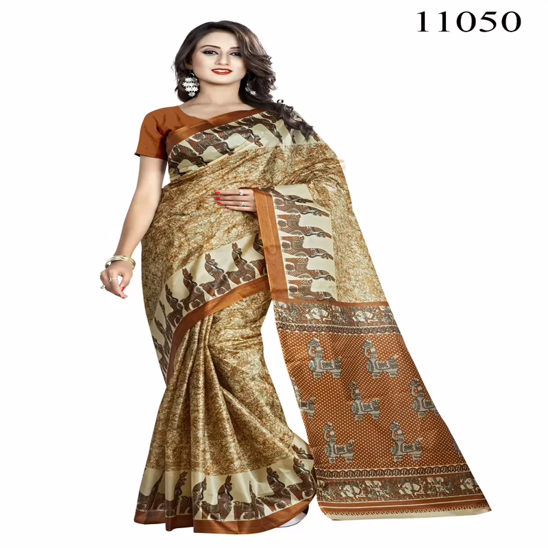Viva N Diva Beige Colored Women'S Taffeta Printed Saree.