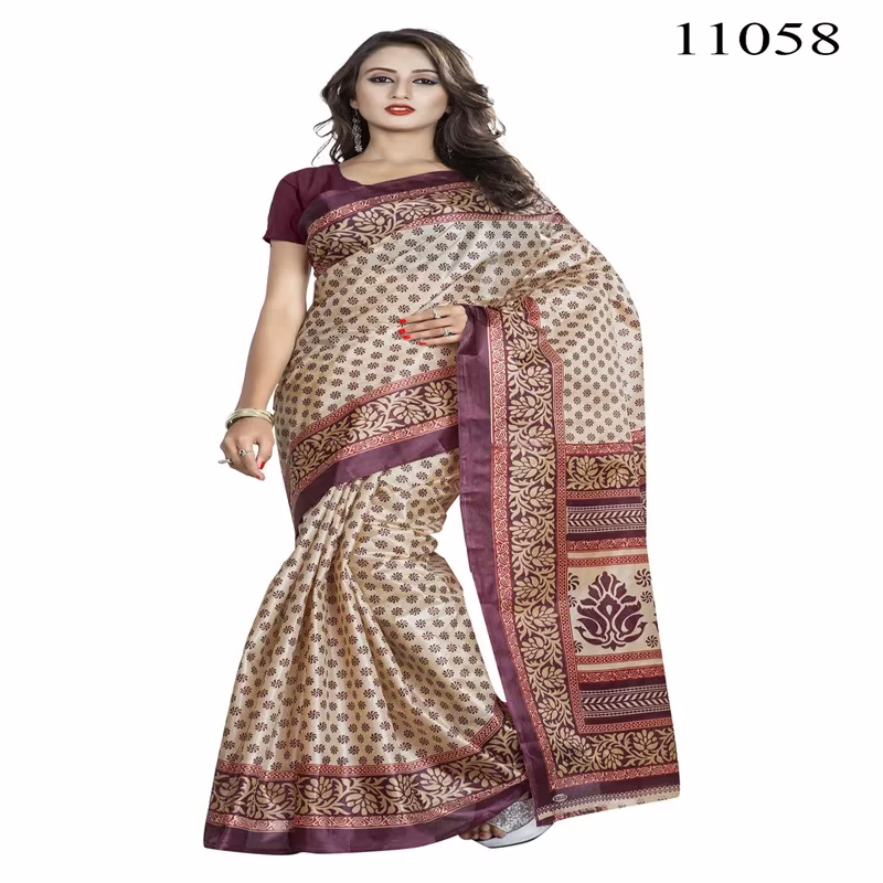 Viva N Diva Beige Colored Women'S Taffeta Printed Saree.