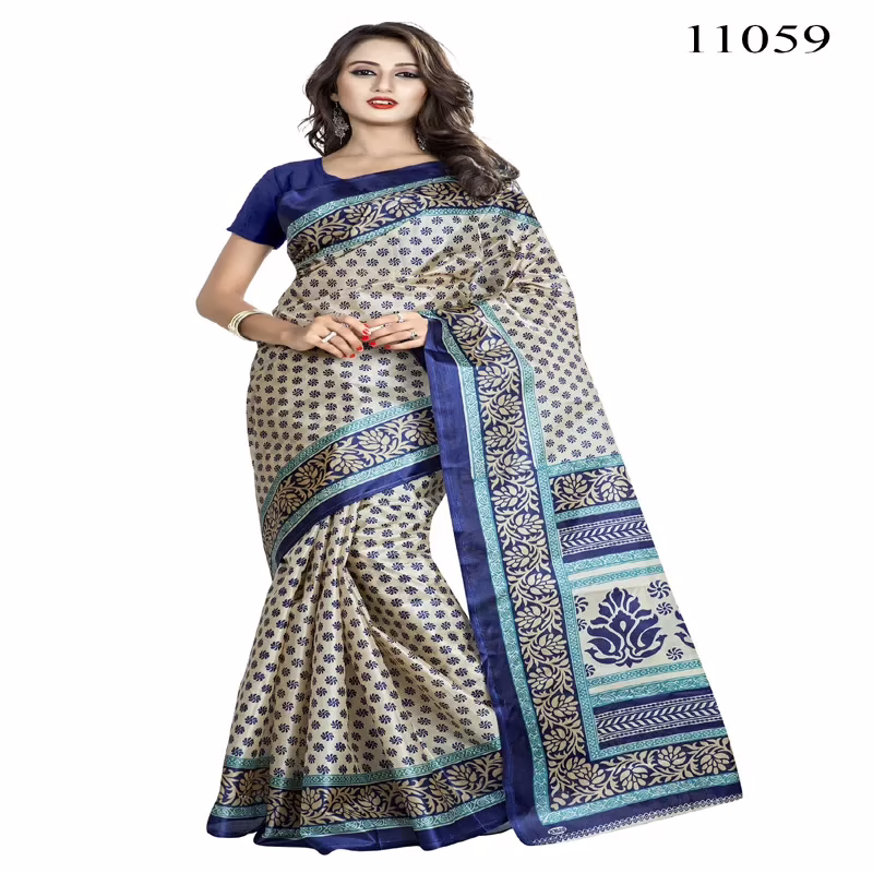 Viva N Diva Navy Blue Colored Women'S Taffeta Printed Saree.