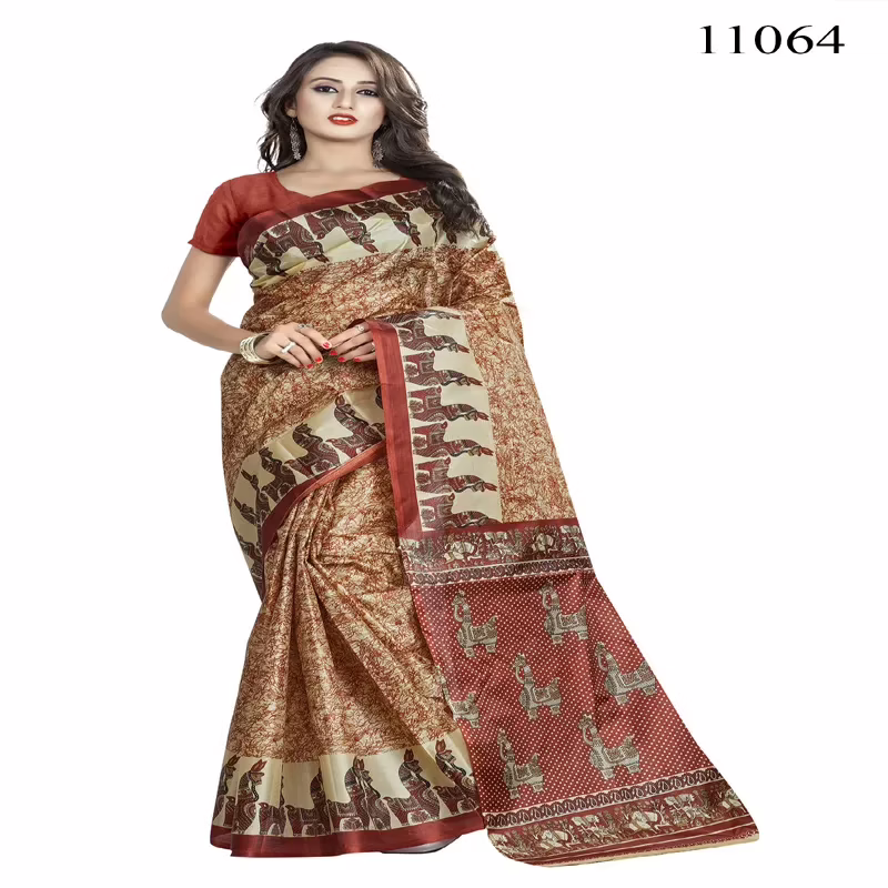 Viva N Diva Beige Colored Women'S Taffeta Printed Saree.