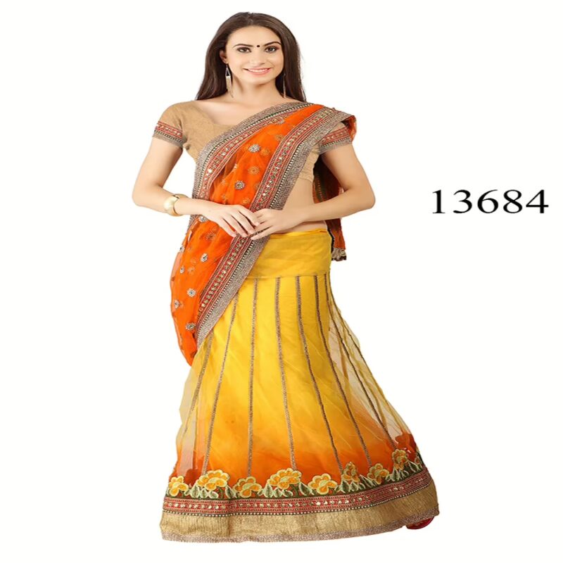 Viva N Diva Yellow & Orange Colored Net & Viscose Lehenga Saree