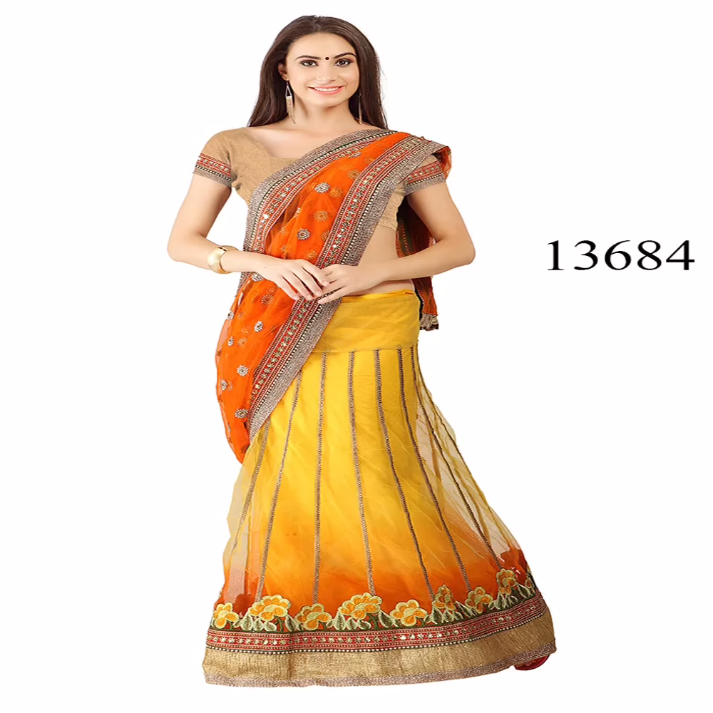 Viva N Diva Yellow & Orange Colored Net & Viscose Lehenga Saree