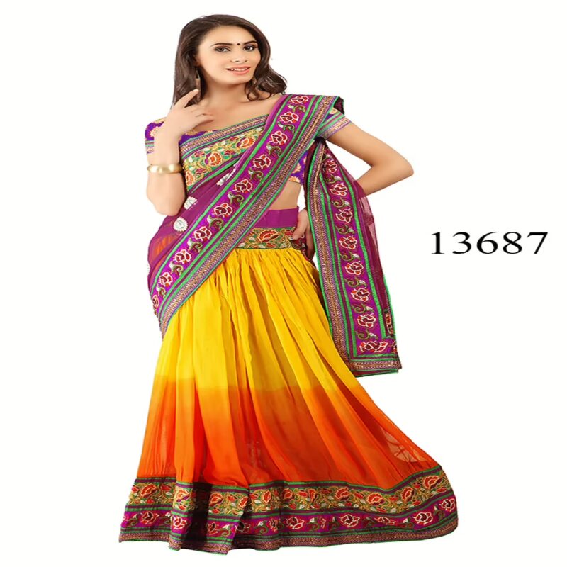 Viva N Diva Pink, Yellow & Orange Colored Pure Georgette Lehenga Saree