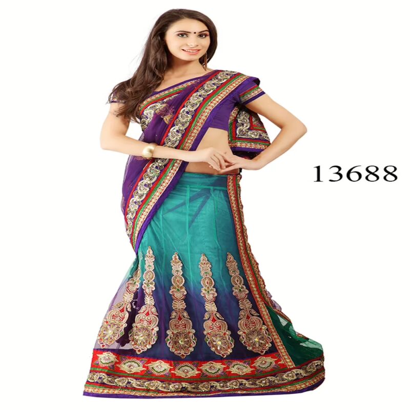 Viva N Diva Purple & Green Colored Net Lehenga Saree