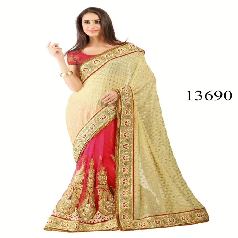 Viva N Diva Cream & Pink Colored Viscose Jacquard & Net Saree