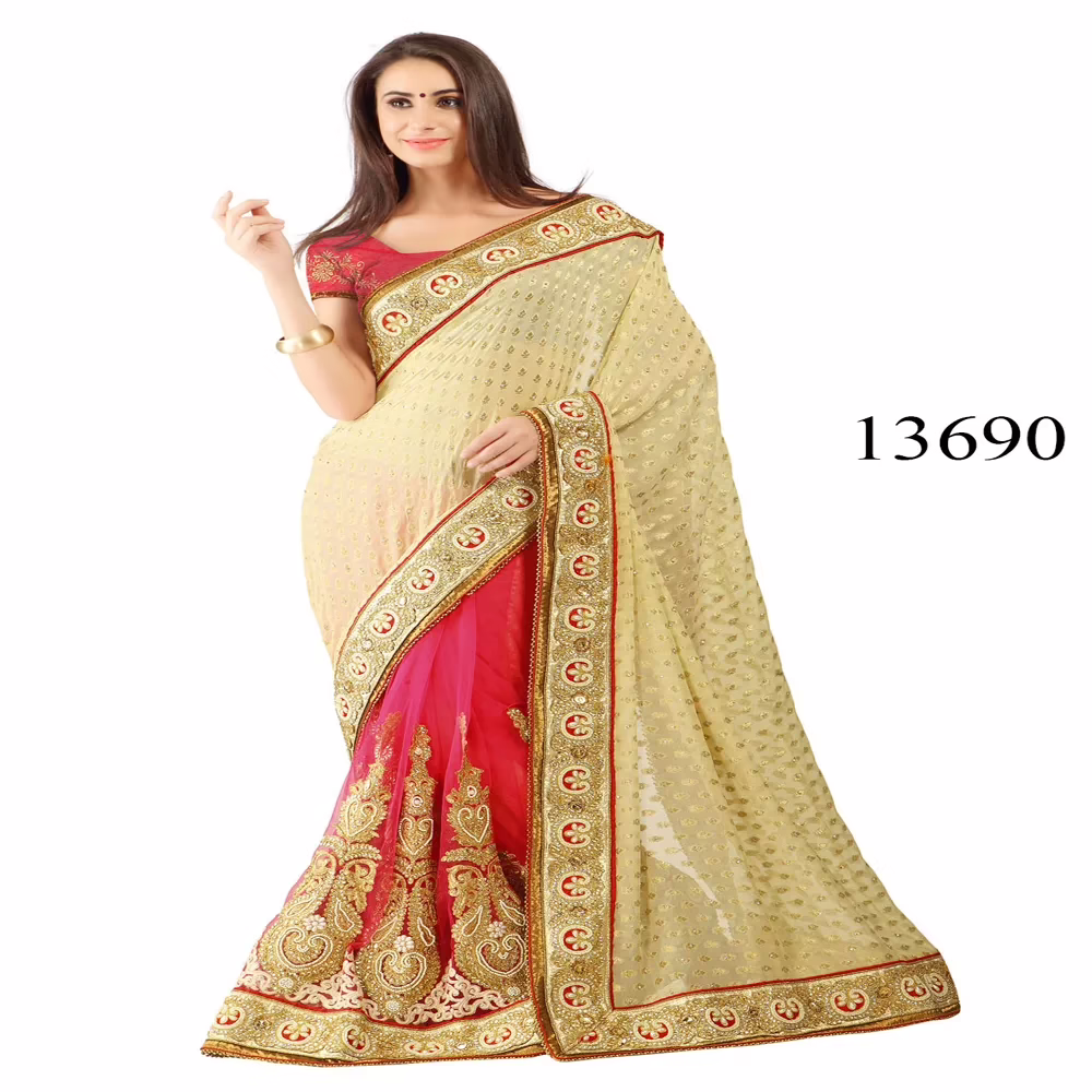 Viva N Diva Cream & Pink Colored Viscose Jacquard & Net Saree
