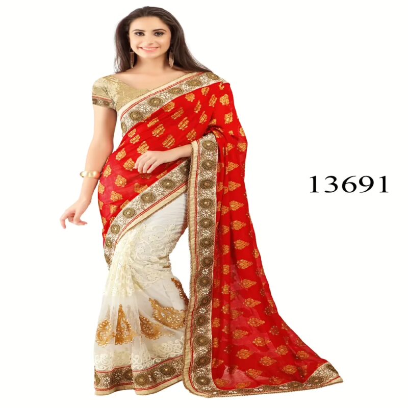 Viva N Diva Red & Off White Colored Banarasi Jacquard Saree