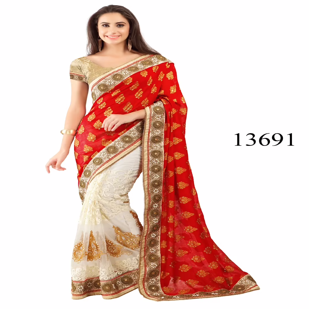 Viva N Diva Red & Off White Colored Banarasi Jacquard Saree