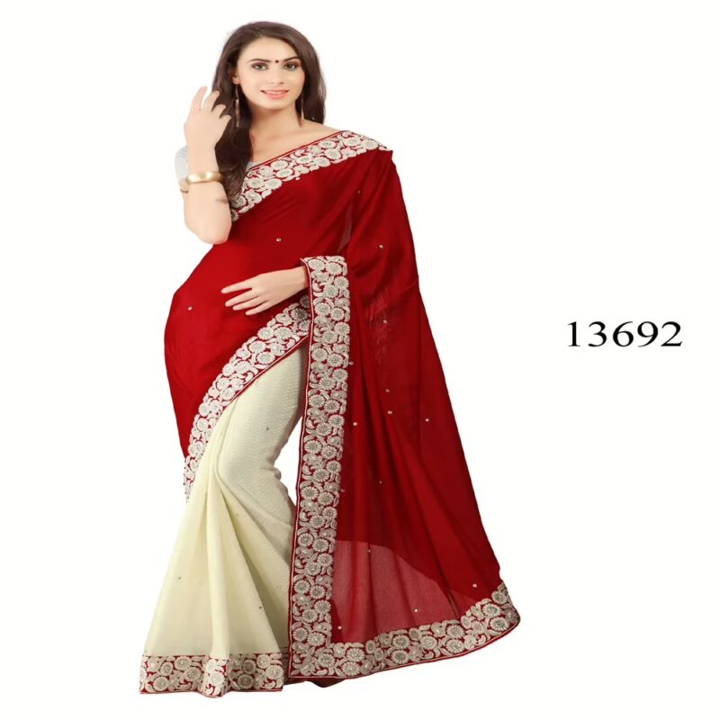 Viva N Diva Red & Off White Colored Lycra Saree