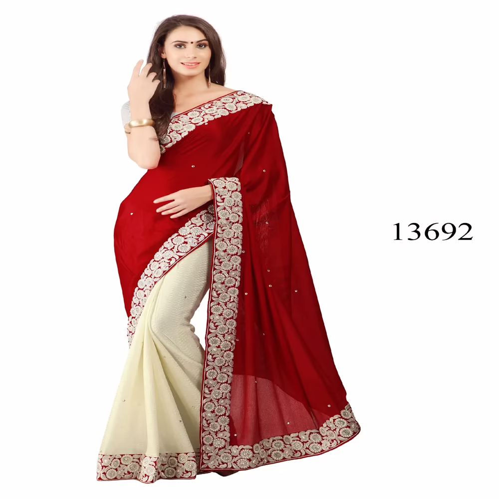 Viva N Diva Red & Off White Colored Lycra Saree