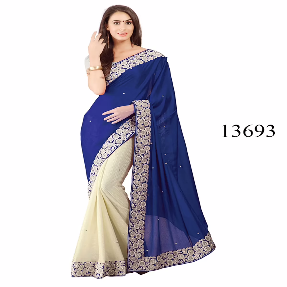 Viva N Diva Blue & Off White Colored Lycra Saree