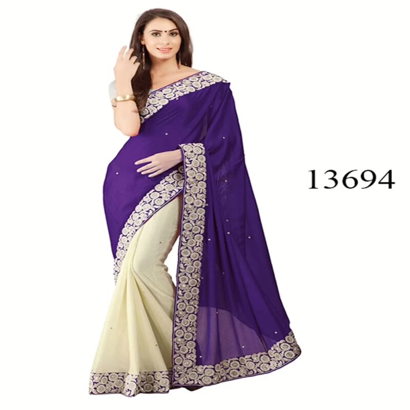 Viva N Diva Purple & Off White Colored Lycra Saree