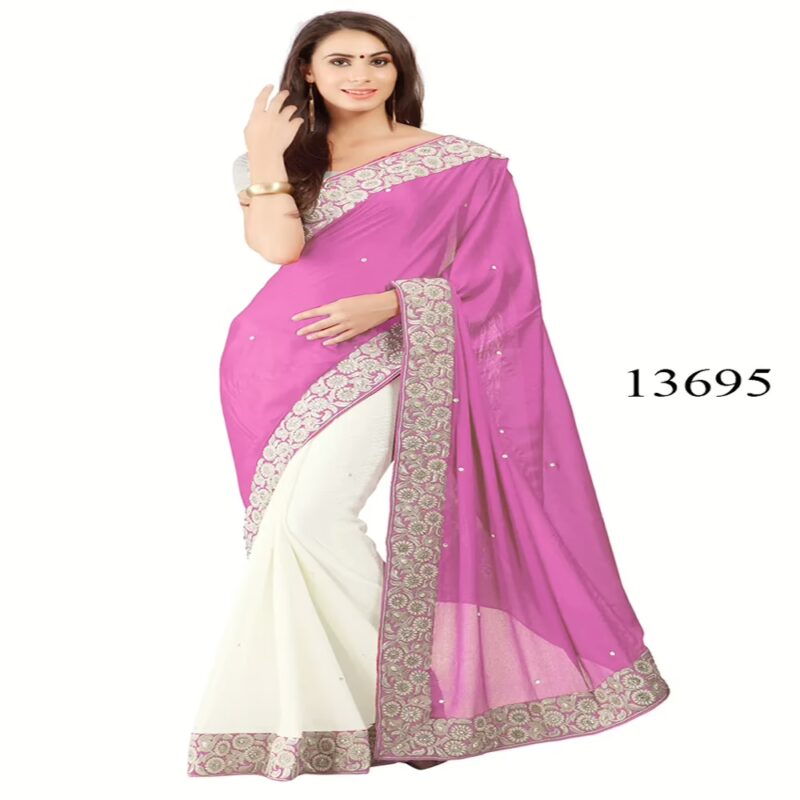 Viva N Diva Pink & Off White Colored Lycra Saree