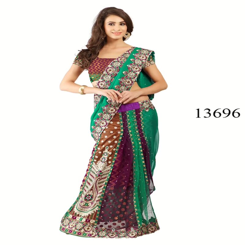 Viva N Diva Magenta & Green Colored Chiffon & Brasso Lehenga Saree