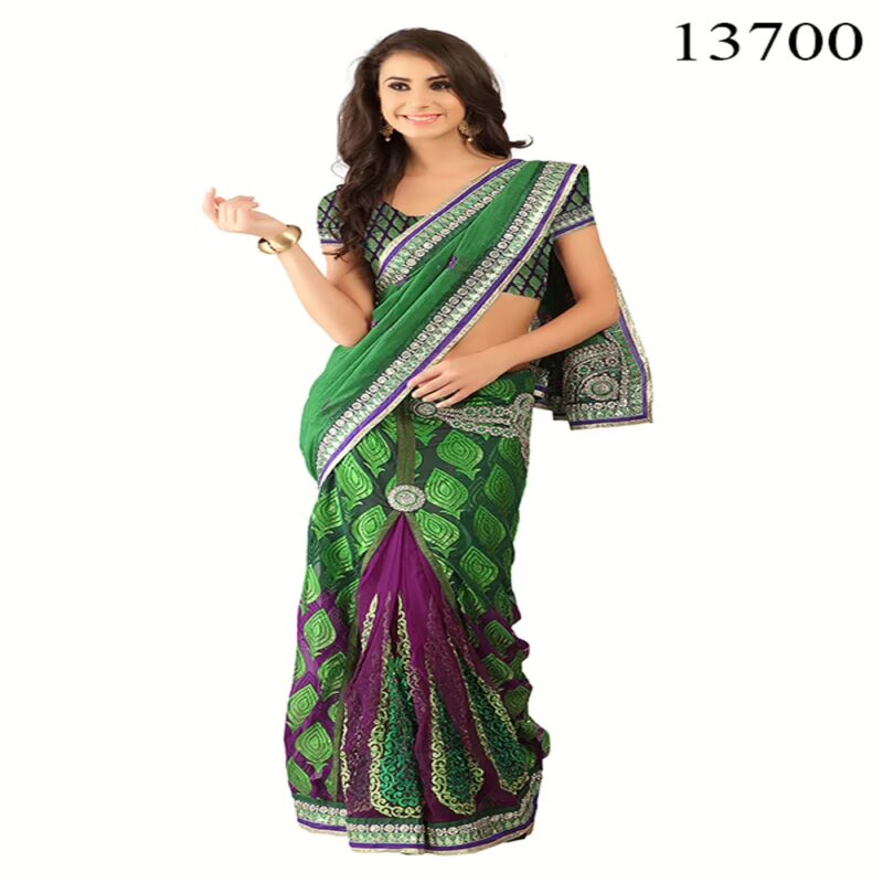 Viva N Diva Green & Purple Colored Chiffon & Brasso Saree