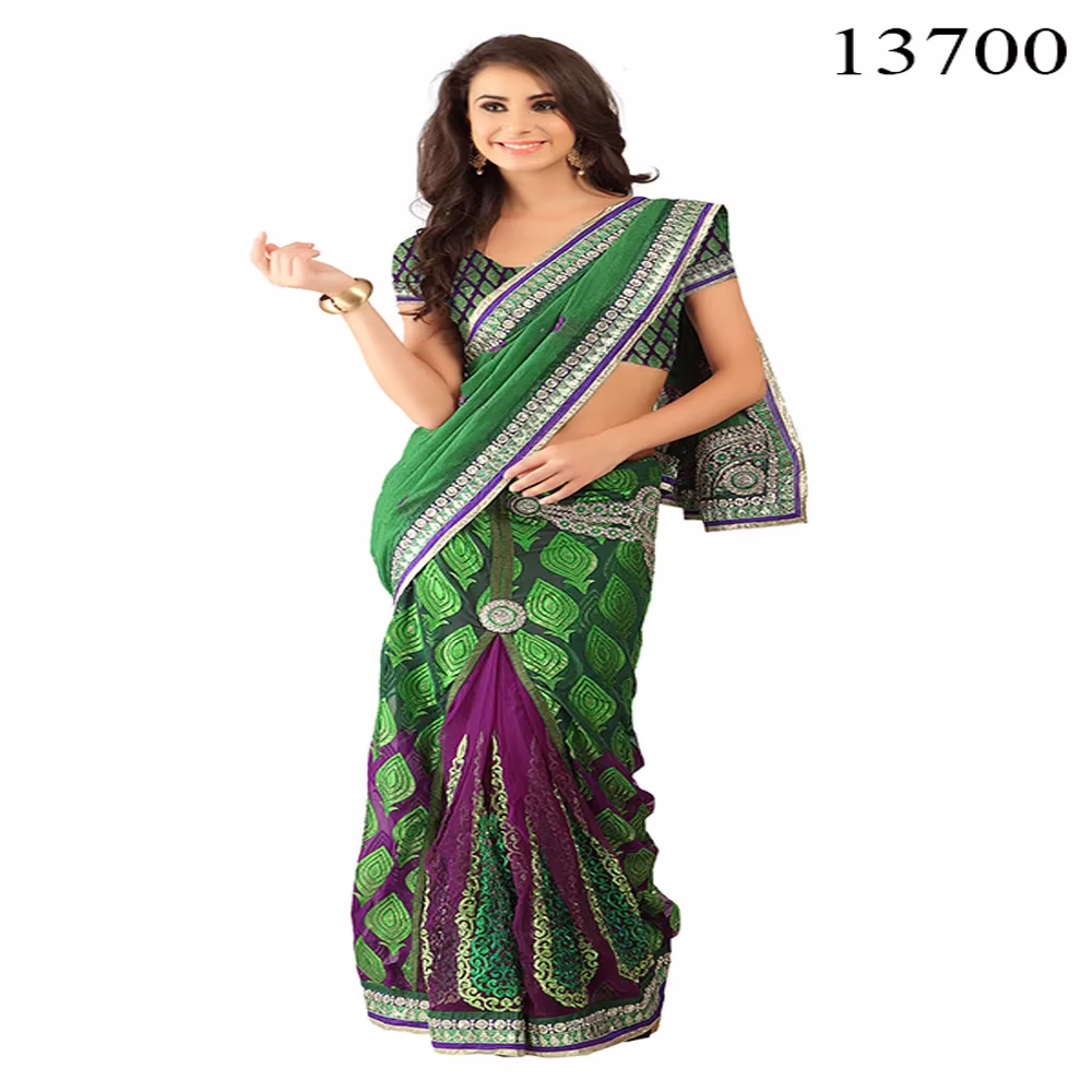 Viva N Diva Green & Purple Colored Chiffon & Brasso Saree