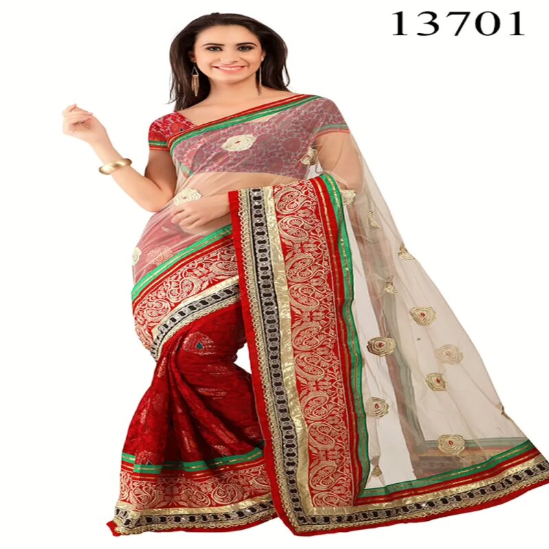 Viva N Diva Beige & Red Colored Net  & Brasso Saree