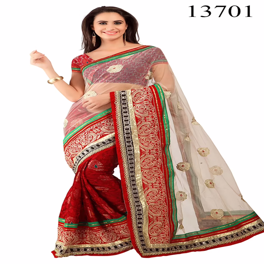 Viva N Diva Beige & Red Colored Net & Brasso Saree