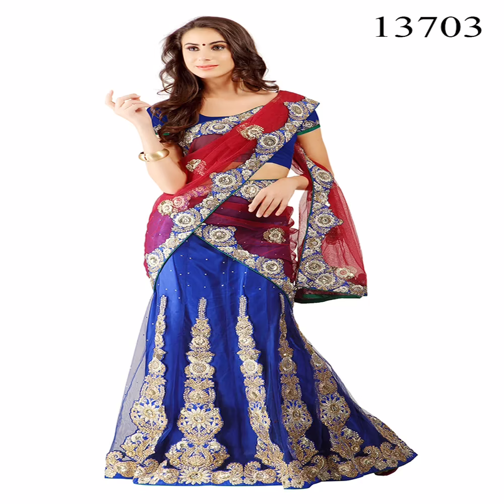 Viva N Diva Red & Blue Colored Net Lehenga