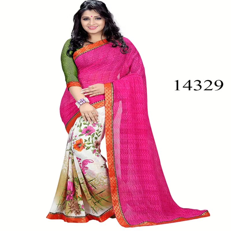 Viva N Diva Pink & Off White Colored Marble Georgette Printed Saree