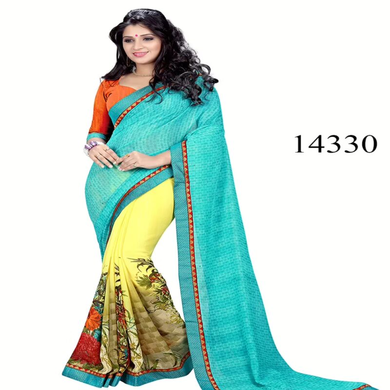 Viva N Diva Blue & Yellow Colored Marble Georgette Printed Saree