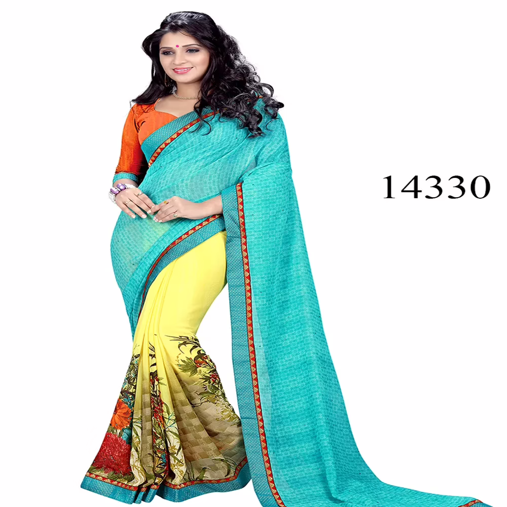 Viva N Diva Blue & Yellow Colored Marble Georgette Printed Saree