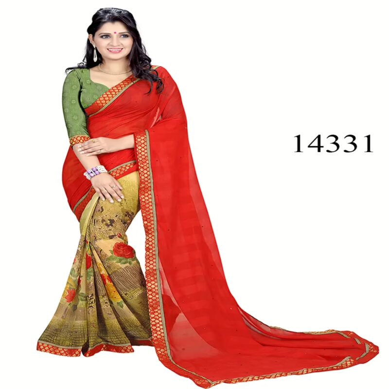 Viva N Diva Red & Beige Colored Marble Georgette Printed Saree