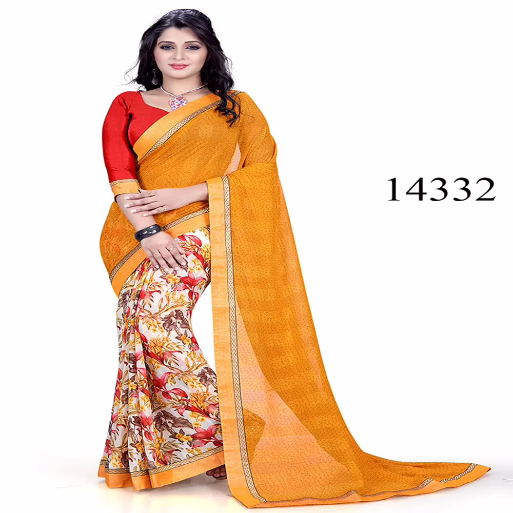 Viva N Diva Orange & Off White Colored Marble Georgette Printed Saree