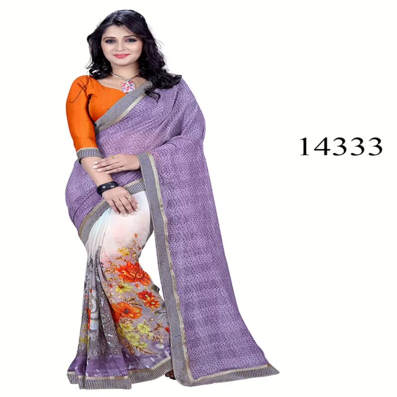 Viva N Diva Purple & Off White Colored Marble Georgette Printed Saree