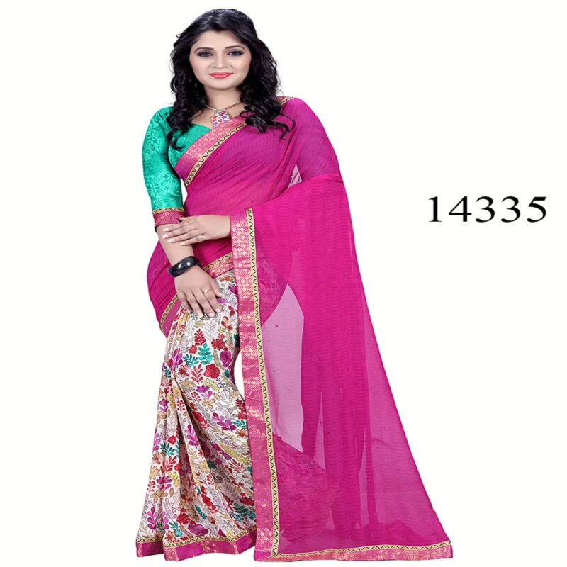 Viva N Diva Pink & Off White Colored Marble Georgette Printed Saree