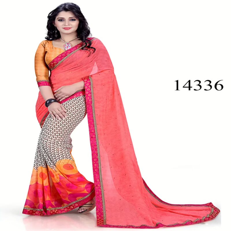 Viva N Diva Peach & Off White Colored Marble Georgette Printed Saree