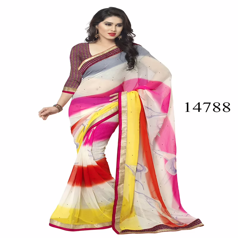 Viva N Diva Cream, Pink, Yellow & Red Colored Chiffon