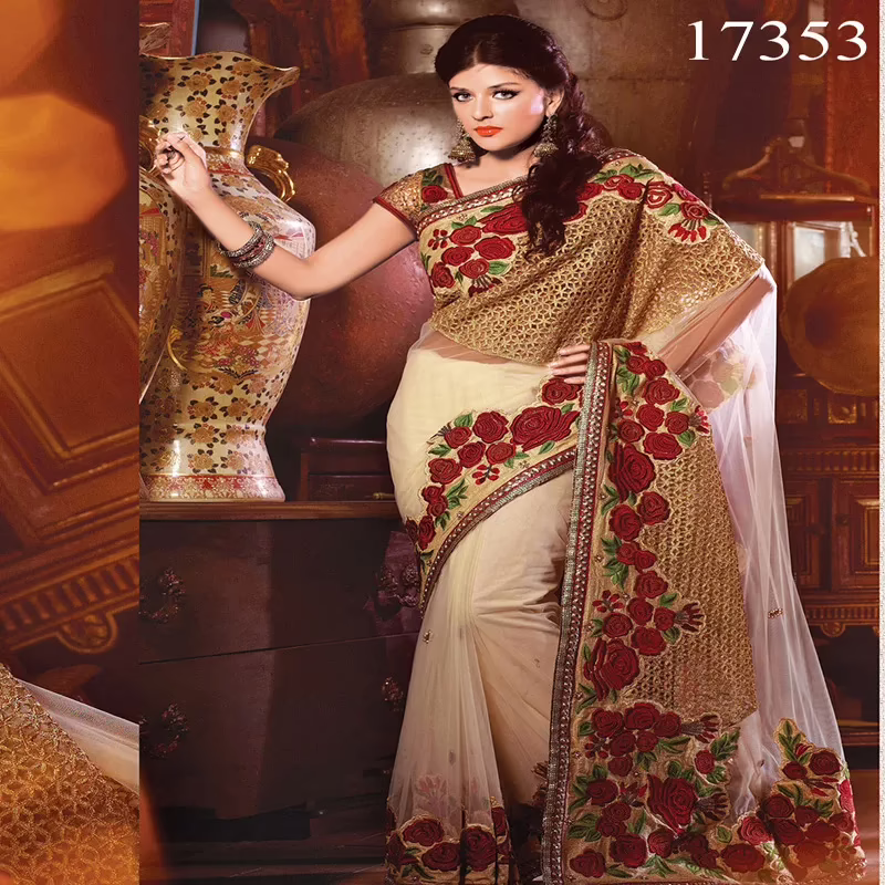 Viva N Diva Beige Colored Net Saree