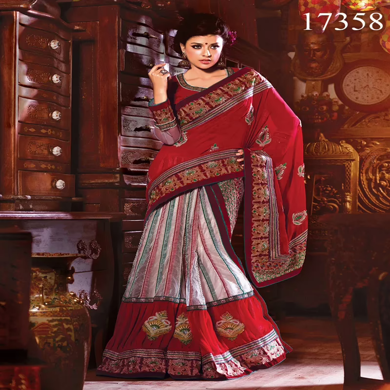 Viva N Diva Red & Off White Colored Georgette & Net Saree